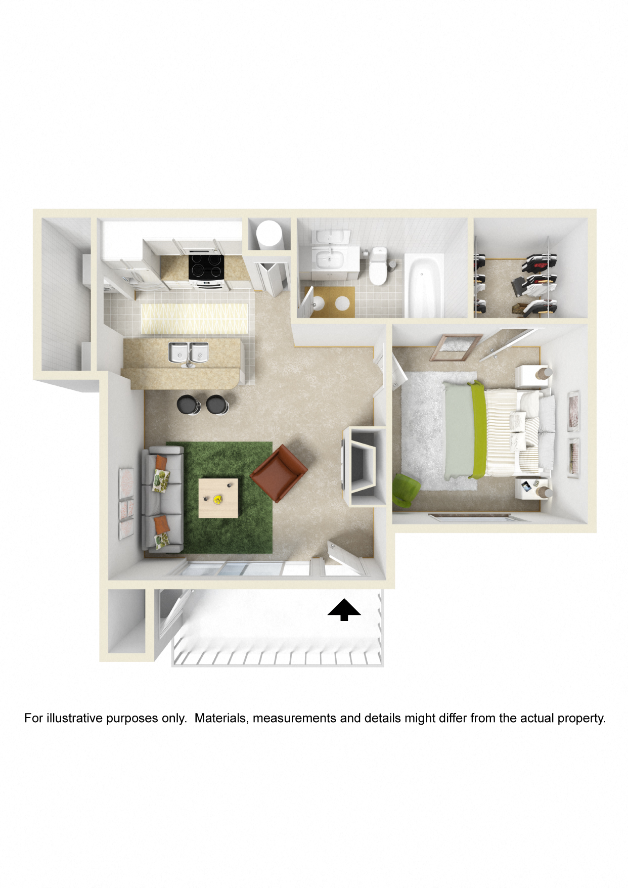 Floor plan for 1 bed, 1 bath, 550 sqft